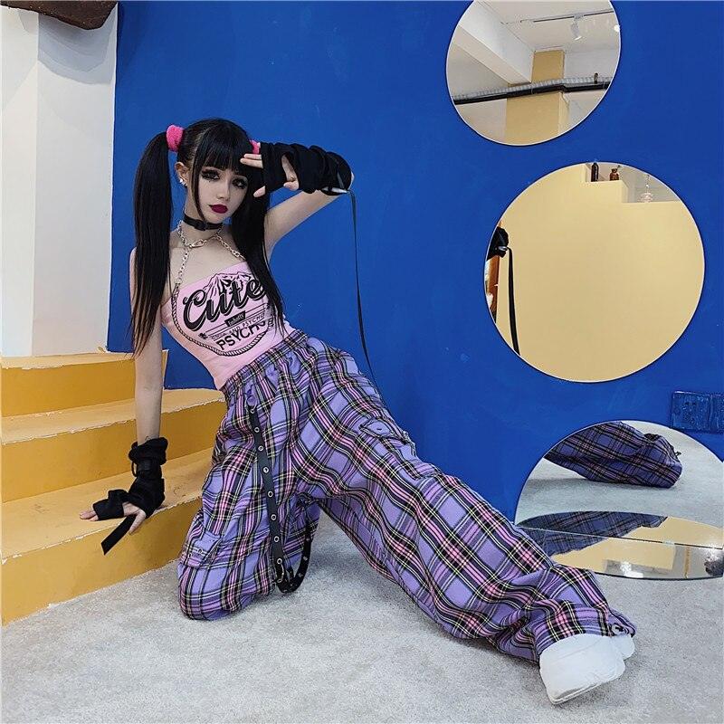 pantalons QWEEK Punk Harajuku Checkered pour femmes.