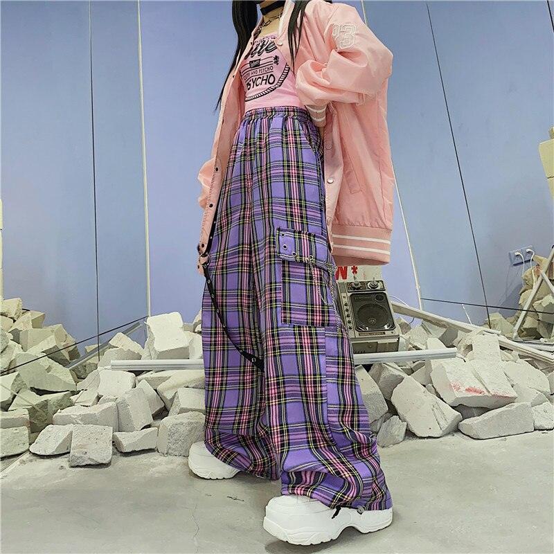 pantalons QWEEK Punk Harajuku Checkered pour femmes.