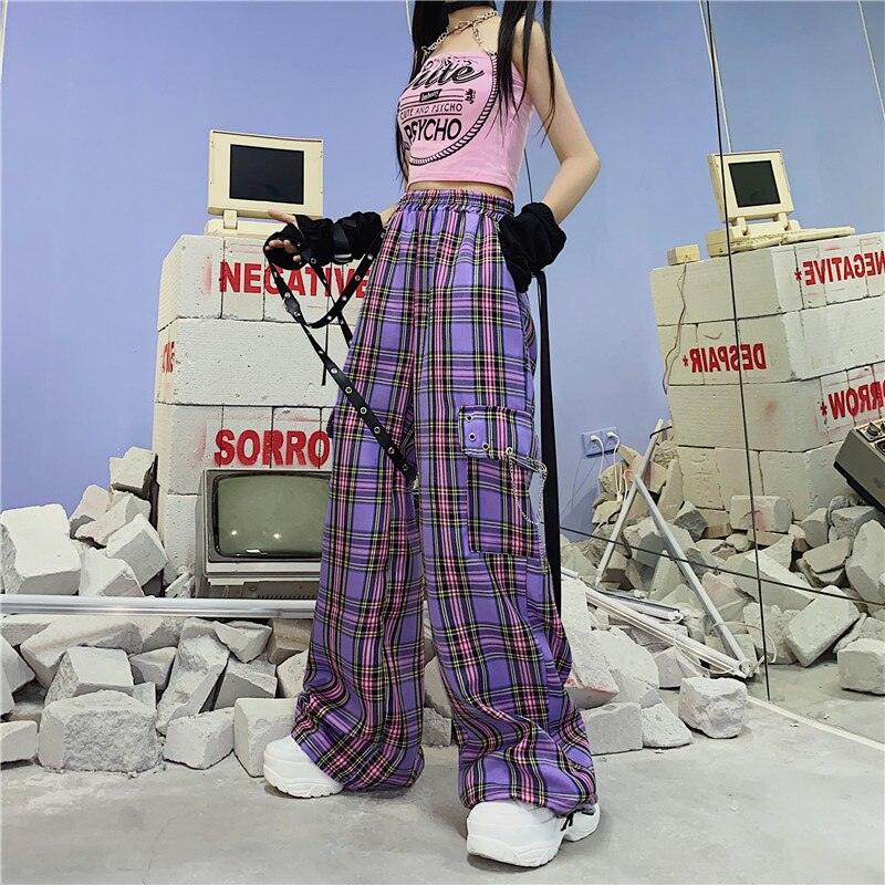 pantalons QWEEK Punk Harajuku Checkered pour femmes.