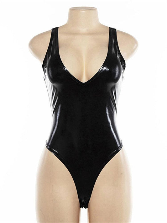 "Bodysuit en Cuir PU Noir pour Femme - Style Sexy et Élégant"