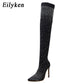 "Bottes Cuissardes Femme Stiletto à Pointe en Cristal Élastique"