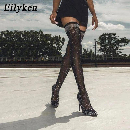 "Bottes Cuissardes Femme Stiletto à Pointe en Cristal Élastique"