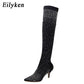 "Bottes Cuissardes Femme Stiletto à Pointe en Cristal Élastique" BLACK 7CM