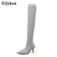 "Bottes Cuissardes Femme Stiletto à Pointe en Cristal Élastique" Gray 7CM