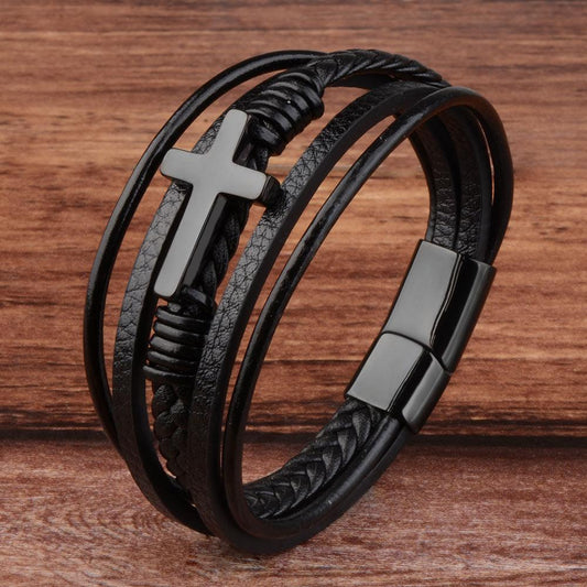 Bracelets en cuir véritable avec croix pour hommes
