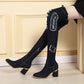 "Chaussures femme : bottes en denim à talons hauts et bout pointu"