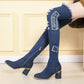 "Chaussures femme : bottes en denim à talons hauts et bout pointu"