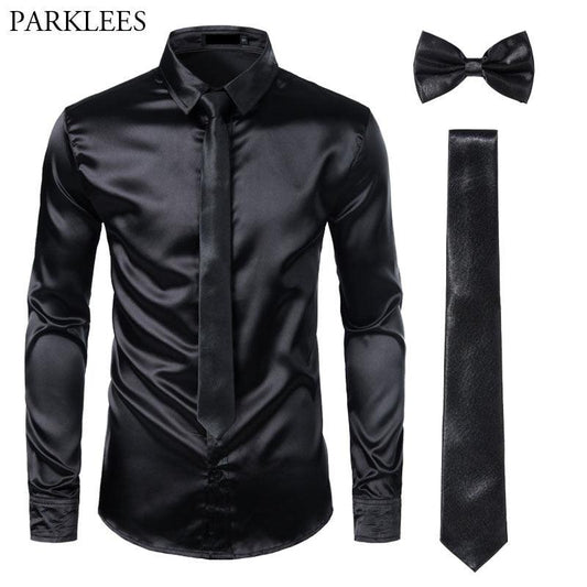 Chemises Hommes en Soie Noire avec Cravate et Noeud Papillon