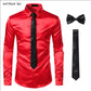 Chemises Hommes en Soie Noire avec Cravate et Noeud Papillon red black