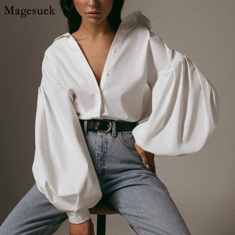 "Chemisier Femme Vintage Boutonné Blanc - Manches Lanterne Sexy et Coupe Ample pour Bureau et Décontracté