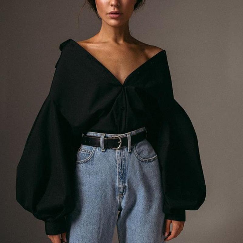 "Chemisier Femme Vintage Boutonné Blanc - Manches Lanterne Sexy et Coupe Ample pour Bureau et Décontracté Black