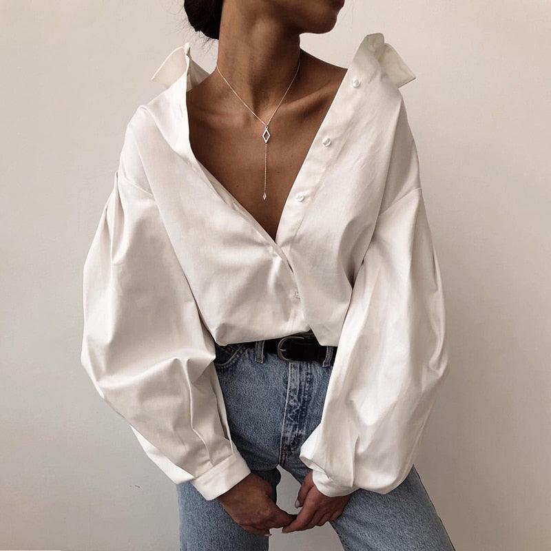 "Chemisier Femme Vintage Boutonné Blanc - Manches Lanterne Sexy et Coupe Ample pour Bureau et Décontracté White