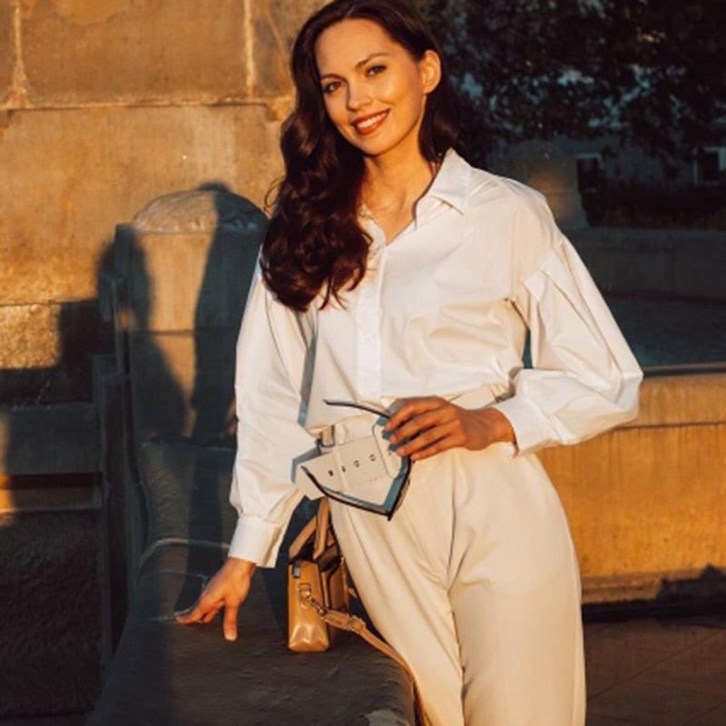 "Chemisier Femme Vintage Boutonné Blanc - Manches Lanterne Sexy et Coupe Ample pour Bureau et Décontracté