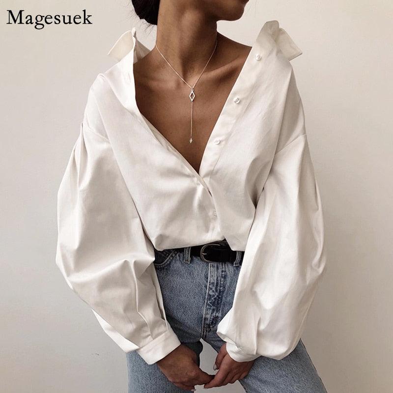 "Chemisier Femme Vintage Boutonné Blanc - Manches Lanterne Sexy et Coupe Ample pour Bureau et Décontracté