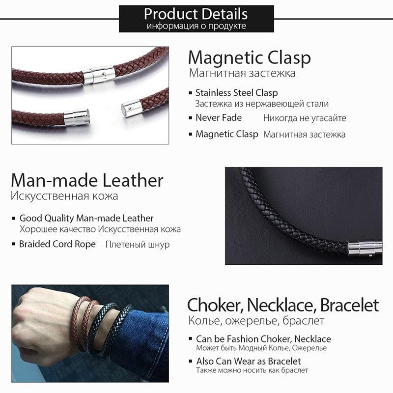 "Collier homme en cuir synthétique tressé avec chaîne à corde noir et marron - UNM27"