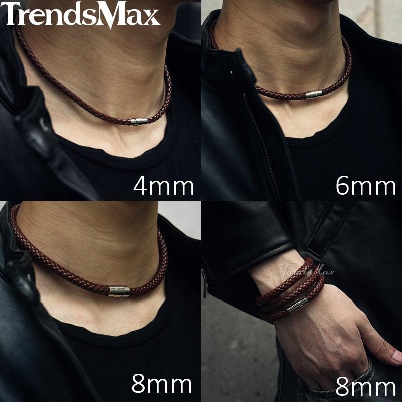 "Collier homme en cuir synthétique tressé avec chaîne à corde noir et marron - UNM27"