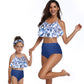 European And American Swimsuits Printed High Waist Bikini Parent-child Swimwear Blue Grown ups