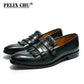 Handmade Mens Tassel Loafers Buckle Monk Strap Genuine Leather Green Black