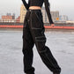 "Jean en Coton Noir pour Femme - Style Harajuku Punk avec Fil Blanc"