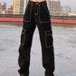 "Jean en Coton Noir pour Femme - Style Harajuku Punk avec Fil Blanc"