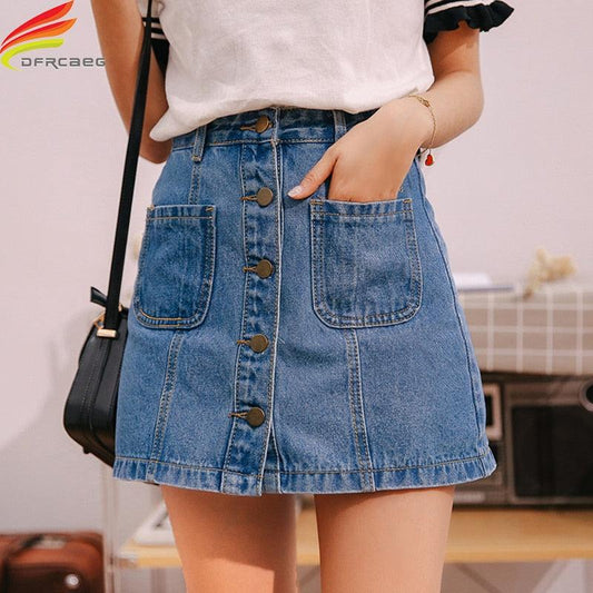 Jupe en jean, taille haute, A-line, femme, été, poches, bouton unique