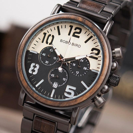 Montre chronographe pour homme en bois de marque de luxe avec bracelet en métal