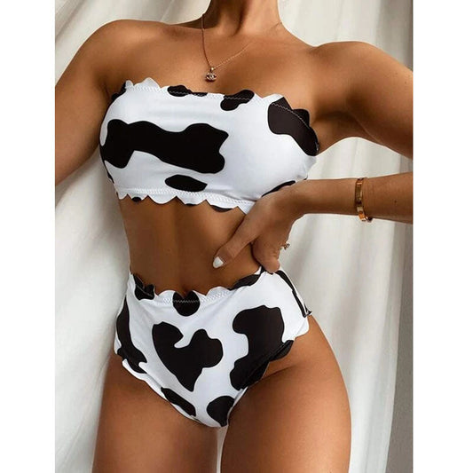 Nouveau style bikini imprimé vache avec poitrine enveloppée Black and white
