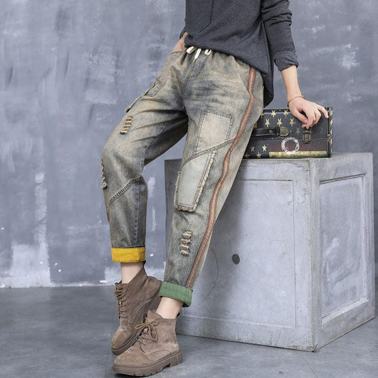 Pantalon en denim déchiré à taille élastique pour femme