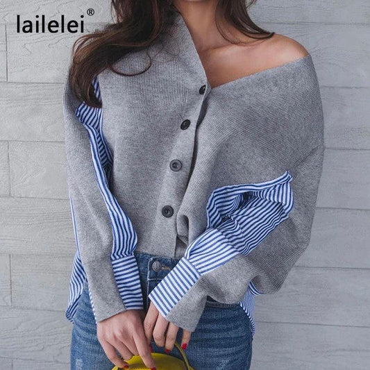 Pull boutonné à patchwork pour femmes | Cardigan en laine rayé
