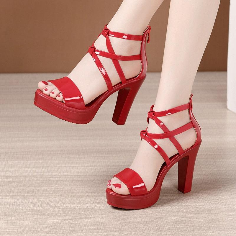 Sandales à talons blocs et plateforme de grande taille 32-43 pour femmes Red