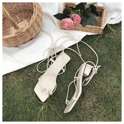 Sandales d'été pour femmes à talon bas et lacets - AOMshop BEIGE