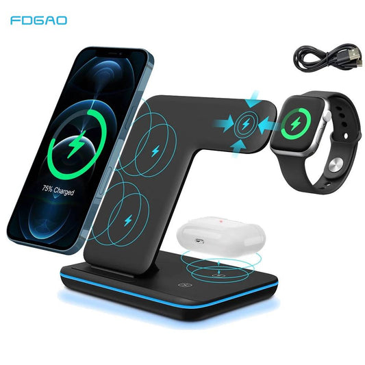 Station de recharge sans fil 3 en 1 15W pour iPhone 14, 13, 12, 11 Pro Max, XS, XR, X, 8, Apple Watch, AirPods 3 Pro