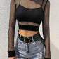 "T-shirt Femme Sexy en Maille Noir - Haut Court avec Manches Longues Transparentes"