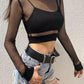 "T-shirt Femme Sexy en Maille Noir - Haut Court avec Manches Longues Transparentes"