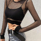 "T-shirt Femme Sexy en Maille Noir - Haut Court avec Manches Longues Transparentes"