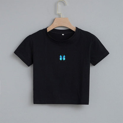 T-shirt court imprimé papillon bleu Fashion Cartoon Black