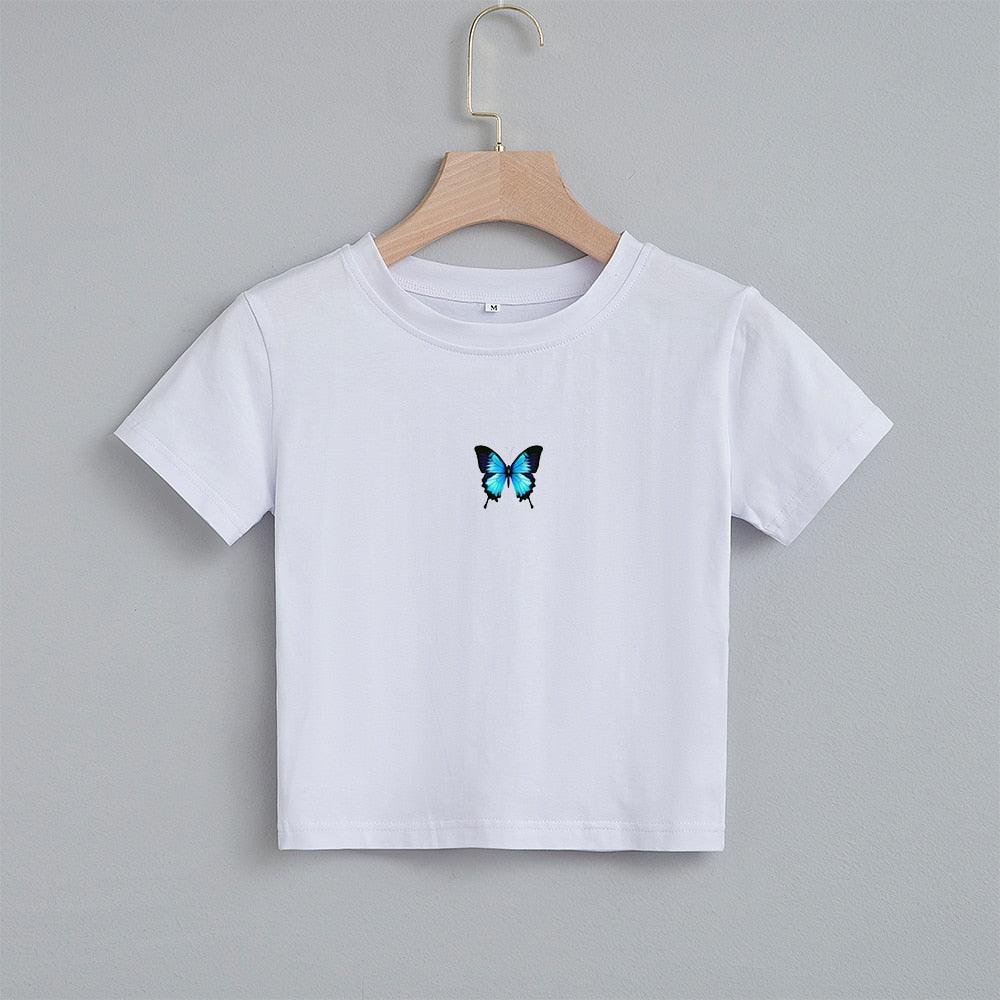 T-shirt court imprimé papillon bleu Fashion Cartoon White