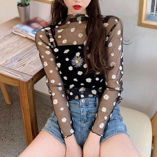 T-shirt-été-motifs fleurs de marguerites-maille-femmes