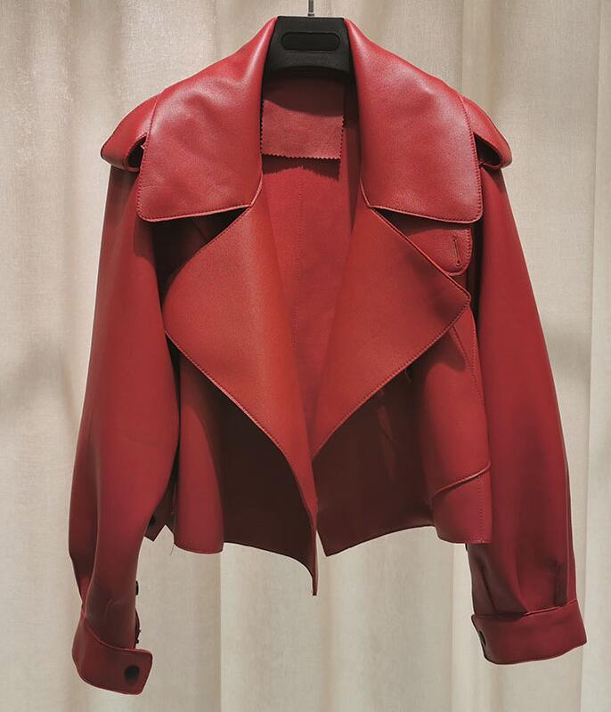 Veste en simili-cuir pour femmes, style motard vintage, automne punk streetwear Red
